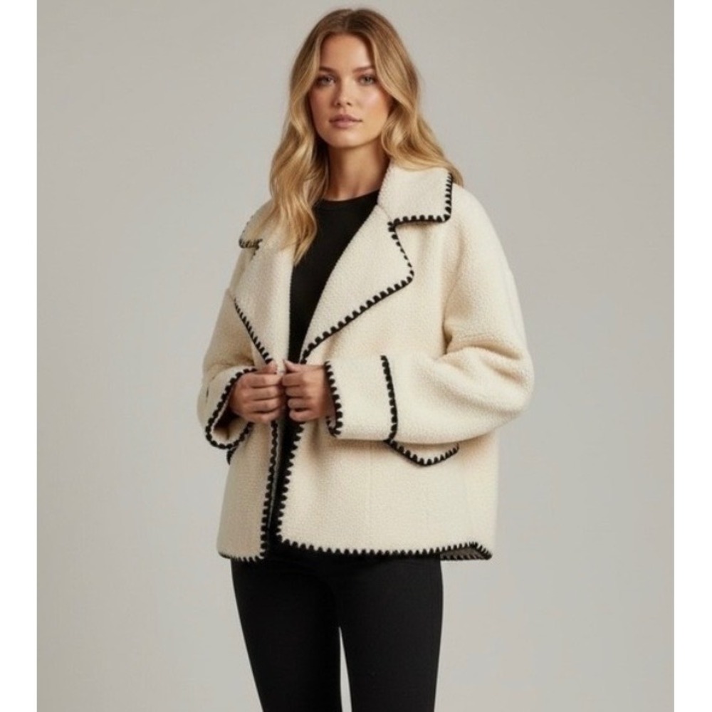 Cream Sherpa Whipstitch Jacket Plus Size XXL Beige Faux Shearling Coat